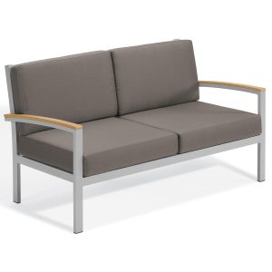 Travira Aluminum Loveseat w/ Natural Tekwood Arm Caps in Flint/Stone by Oxford Garden