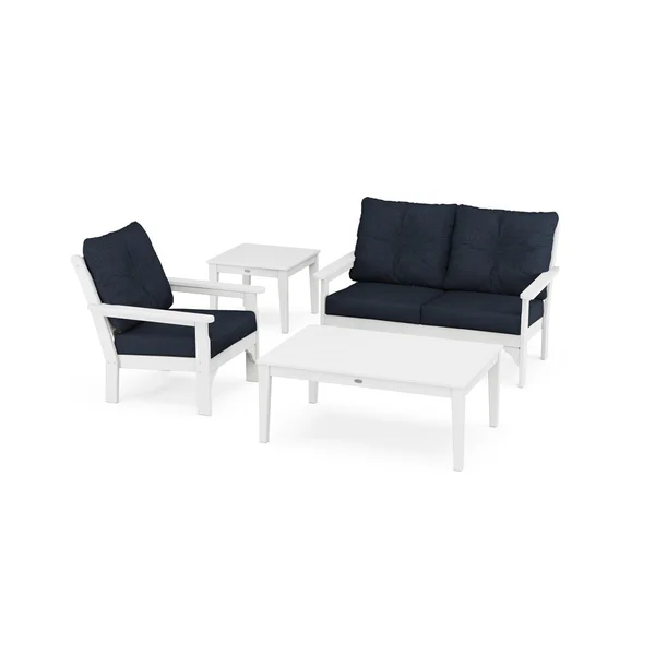 Vineyard 4 Pc Recycled Plastic Seating Set w/ Smaller Tables in White/Marine Indigo by POLYWOOD