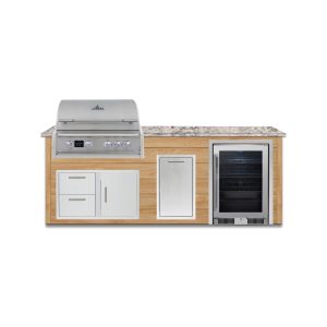 BBQGuys Signature 8 Ft Outdoor Kitchen Island w/ 32 Inch Propane Blaze LTE PRO Grill, Beverage Center & Narrow Trash Bin | Sun Bleached Oak w/ White Granite
