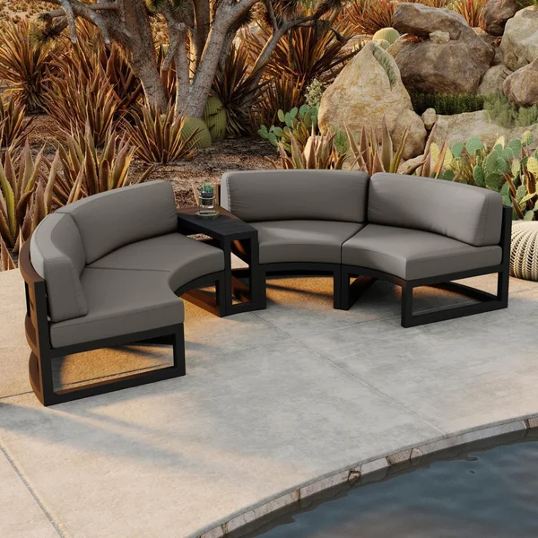 Misty Cove 3 Pc Aluminum Seating Set - Curved Sectional in Black/Canvas Charcoal by Lakeview Outdoor Designs