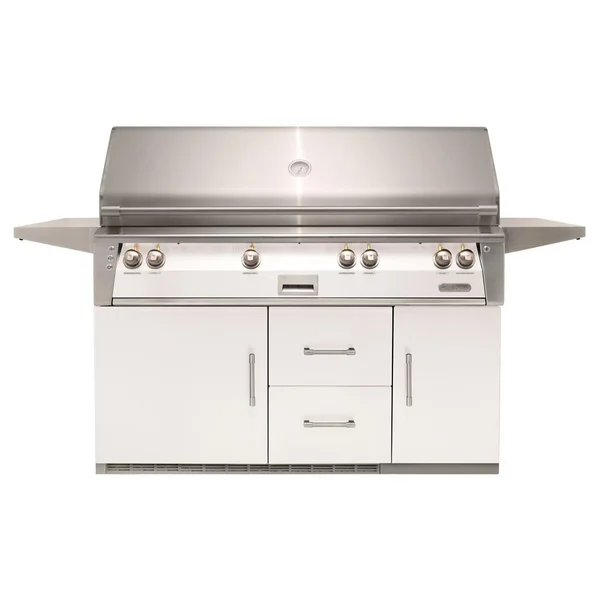 Alfresco ALXE 56-Inch Freestanding Natural Gas All Grill On Refrigerated Cart With Sear Zone And Rotisserie in Signal White Matte - ALXE-56BFGR-NG-SM9003