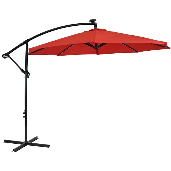Ultimate Patio 10 Ft. Solar Lighted Octagonal Steel Patio Cantilever W/ Crank - Black Frame & Cherry Polyester Canopy