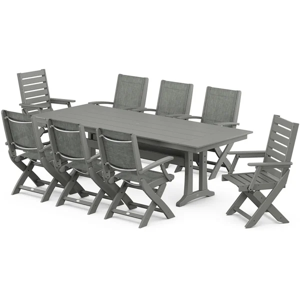POLYWOOD x BBQGuys Creekside 9 Pc Recycled Plastic Dining Set W/ Birch Sling in Grey