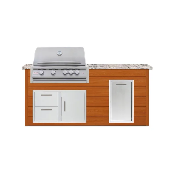 BBQGuys Signature 6 Ft Outdoor Kitchen Island w/ 32 Inch Propane Blaze LTE+ Grill & Narrow Trash Bin | Chai Cedar w/ White Granite