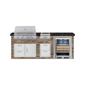 BBQGuys Signature 8 Ft Outdoor Kitchen Island w/ 32 Inch Natural Gas Blaze LTE+ Grill Power Burner & Beverage Center | Gold Rush w/ Black Granite
