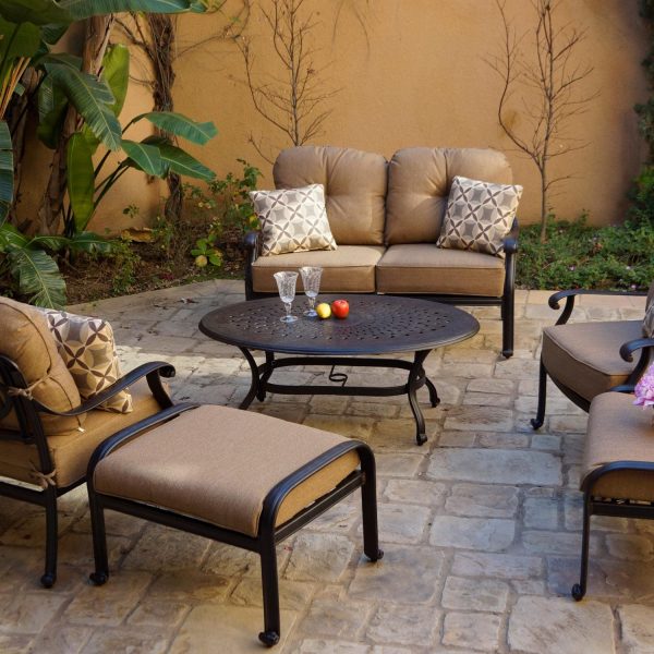 Elisabeth 6 Pc Cast Aluminum Loveseat Seating Set w/ 46 X 31 Inch Oval Table & Throw Pillows in Antique Bronze/Sesame by Darlee