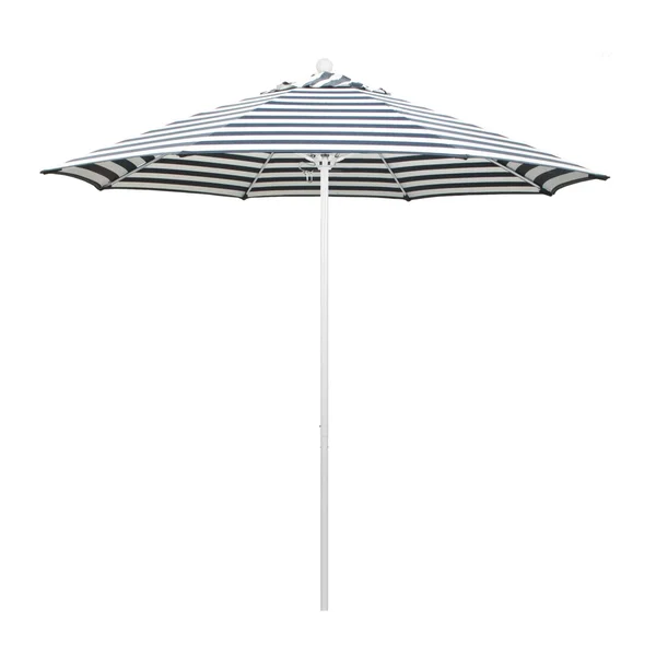 California Umbrella Venture Series 9 Ft Octagonal Aluminum Patio Umbrella W/ Push Lift & Fiberglass Ribs - Matted White Frame / Olefin Navy White Cabana Stripe Canopy