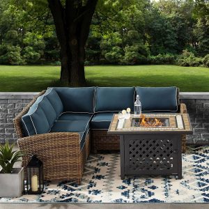 Branchwood 4 Pc Wicker Fire Pit Seating Set in Weathered Brown/Navy by Ultimate Patio