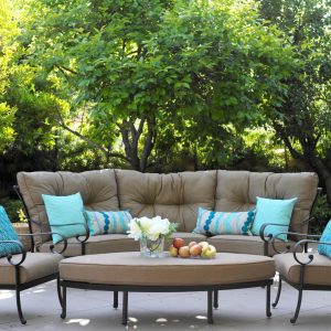 Santa Anita 6 Pc Cast Aluminum Sectional Seating Set w/ Leaf Shape Ottoman in Antique Bronze/Linen Sesame by Darlee