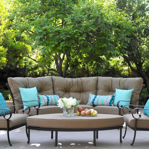 Santa Anita 6 Pc Cast Aluminum Sectional Seating Set w/ Leaf Shape Ottoman in Antique Bronze/Linen Sesame by Darlee