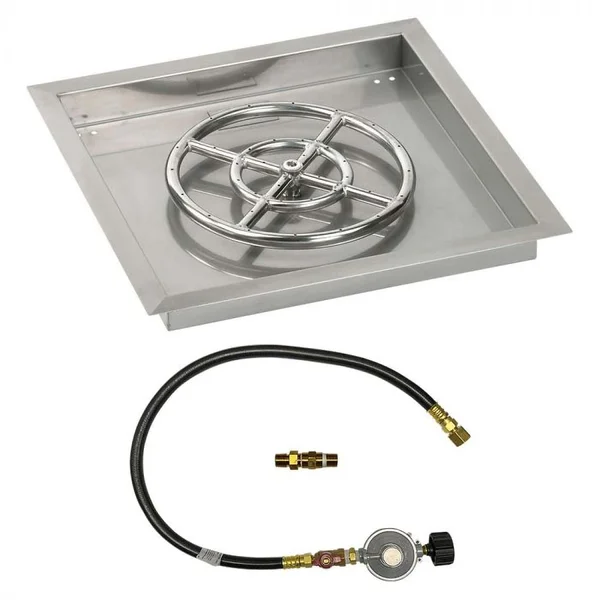 BBQGuys Signature 18 Inch Stainless Steel Square Drop-In Fire Pit Pan W/Match Light Kit - 12 Inch Ring - Propane