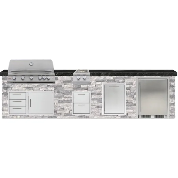 BBQGuys Signature 12 Ft Outdoor Kitchen Island w/ 40 Inch Natural Gas Blaze LTE+ Grill, Double Side Burner, Refrigerator & Double Trash Bin | Alaska Gray w/ Black Granite