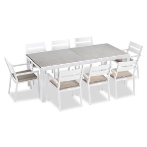 Calm Bay 9 Pc Extendable Aluminum Dining Set in White/Concrete/Canvas Flax by Lakeview Outdoor Designs