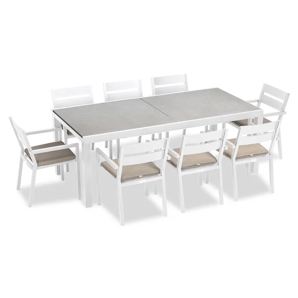 Calm Bay 9 Pc Extendable Aluminum Dining Set in White/Concrete/Canvas Flax by Lakeview Outdoor Designs