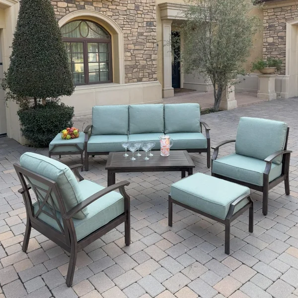 Atlantis 6 Pc Aluminum Seating Set w/ Sofa, 2 Club Chairs & 2 Ottomans in Walnut/Spa by Darlee