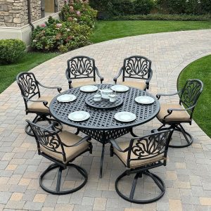 Elisabeth 8 Pc Cast Aluminum Dining Set w/ 60 Inch Series 30 Table w/ Lazy Susan & Swivel Rockers in Antique Bronze/Sesame by Darlee