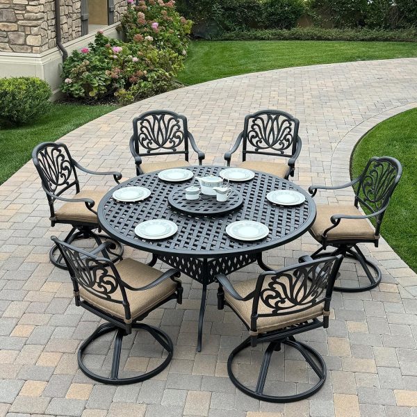 Elisabeth 8 Pc Cast Aluminum Dining Set w/ 60 Inch Series 30 Table w/ Lazy Susan & Swivel Rockers in Antique Bronze/Sesame by Darlee