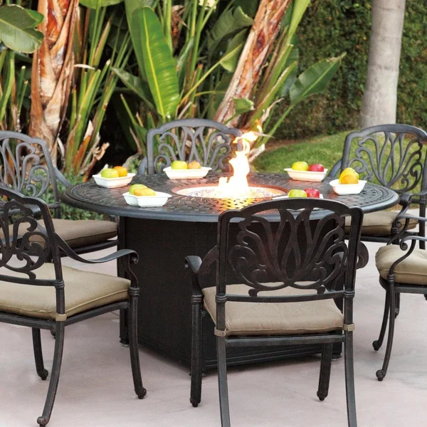 Elisabeth 7 Pc Cast Aluminum Fire Pit Dining Set w/ 60 Inch Round Signature Table in Antique Bronze/Sesame by Darlee