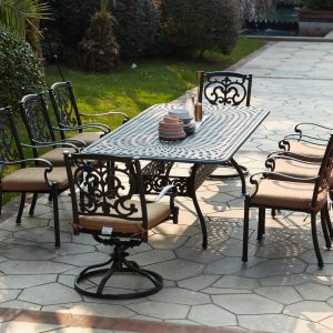 Santa Barbara 9 Pc Cast Aluminum Dining Set w/ 92 X 42 Inch Series 60 Table & 2 Swivel Rockers in Antique Bronze/Sesame by Darlee