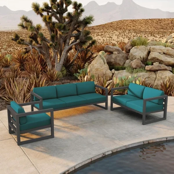 Misty Cove 3 Pc Aluminum Seating Set w/ Sofa & Loveseat in Slate/Spectrum Peacock by Lakeview Outdoor Designs