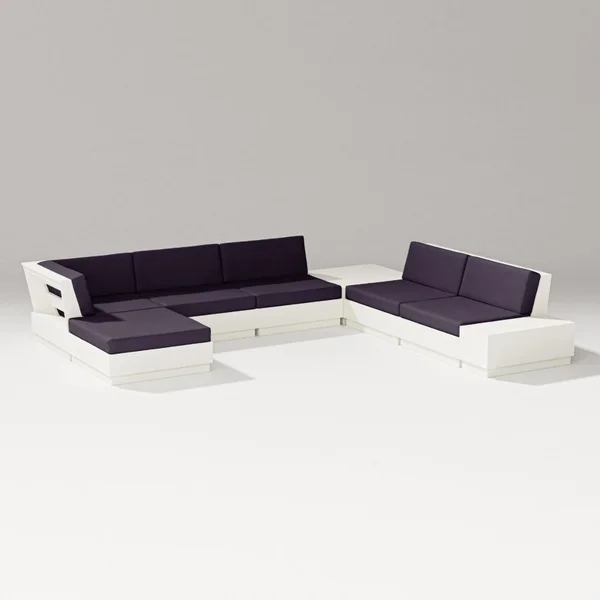 Elevate 8 Pc Recycled Plastic Sectional Seating Set in Vintage White/Navy Linen By PW Designer Series