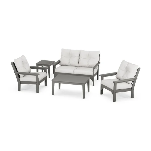 Vineyard 5 Pc Recycled Plastic Loveseat Seating Set in Slate Gray/Natural Linen by POLYWOOD