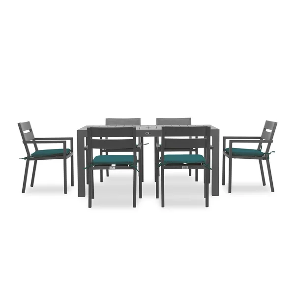 Calm Bay Classic 7 Pc Rectangular Aluminum Dining Set in Slate/Spectrum Peacock by Lakeview Outdoor Designs