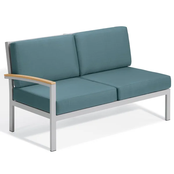 Travira Aluminum Sectional Left Arm Loveseat w/ Natural Tekwood Arm Caps in Flint/Ice Blue by Oxford Garden
