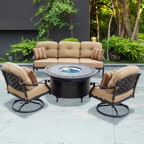 Nassau 4 Pc Cast Aluminum Fire Pit Seating Set w/ 47 Inch Table w/ Swivel Rockers & Throw Pillows in Antique Bronze/Sesame by Darlee