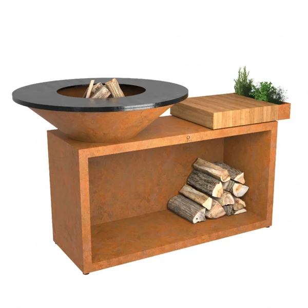 OFYR Island Corten 100 Teak Wood 40 Inch Wood-Fired Flat Top Grill - OI-100-TW