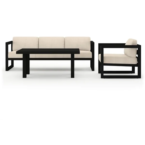 Misty Cove 3 Pc Aluminum Seating Set w/ Sofa & Classic Chat Table in Black/Canvas Flax by Lakeview Outdoor Designs