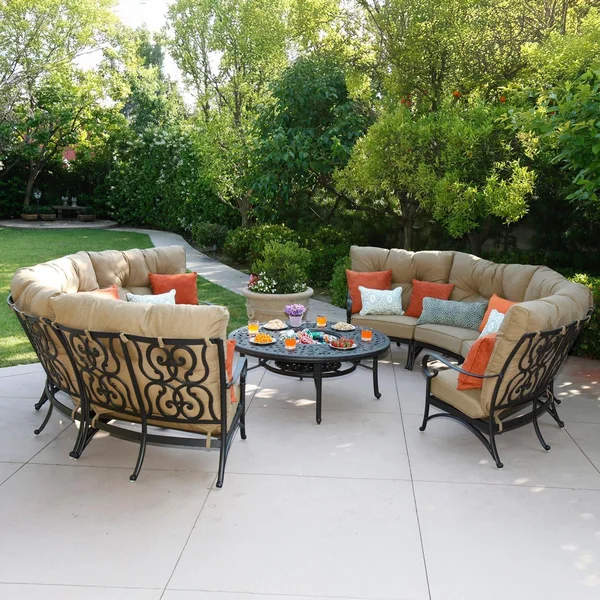 Santa Anita 9 Pc Cast Aluminum Sectional Seating Set w/ 52 Inch Series 80 Table in Antique Bronze/Linen Sesame by Darlee