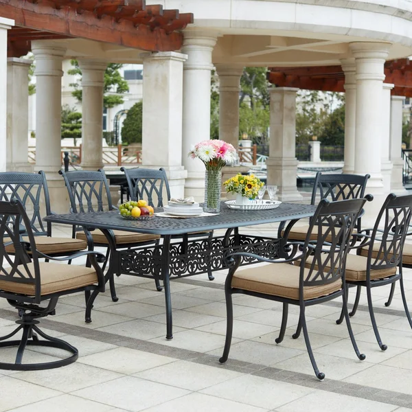 Capri 9 Pc Cast Aluminum Dining Set w/ 92 X 42 Inch Series 60 Table & Swivel Rockers in Antique Bronze/Sesame by Darlee