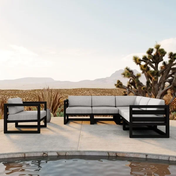 Misty Cove 6 Pc Aluminum Seating Set w/ Sectional in Black/Cast Silver by Lakeview Outdoor Designs