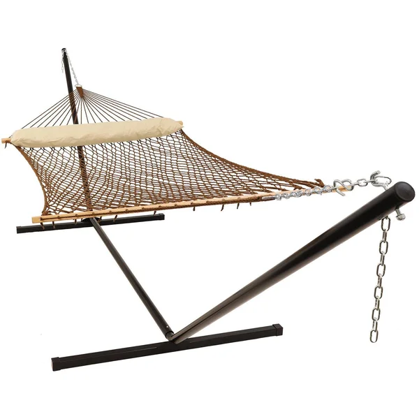 Ultimate Patio Classic Double Rope Hammock & Pillow w/ 15-Foot Bronze Stand - Brown