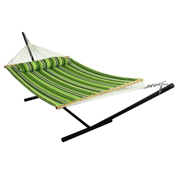 Ultimate Patio Quilted Double Hammock & Pillow w/ 12-Foot Black Stand - Melon Stripe