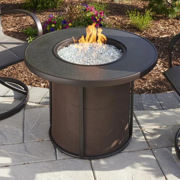 Stonefire 32 Inch Round Aluminum Natural Gas Fire Pit Table in Brown by The Outdoor GreatRoom Company