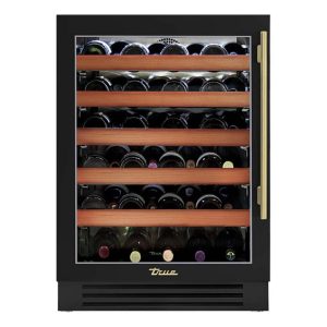 True 24 Inch 45 Bottle Left Hinge Glass Door Outdoor Wine Cabinet - Matte Black w/ Brass Handle - TWC-24-L-OG-C~DSK-027-H01