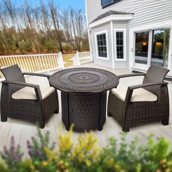Palm Way 3 Pc Resin Fire Pit Seating Set in Mocha/Khaki by Ultimate Patio