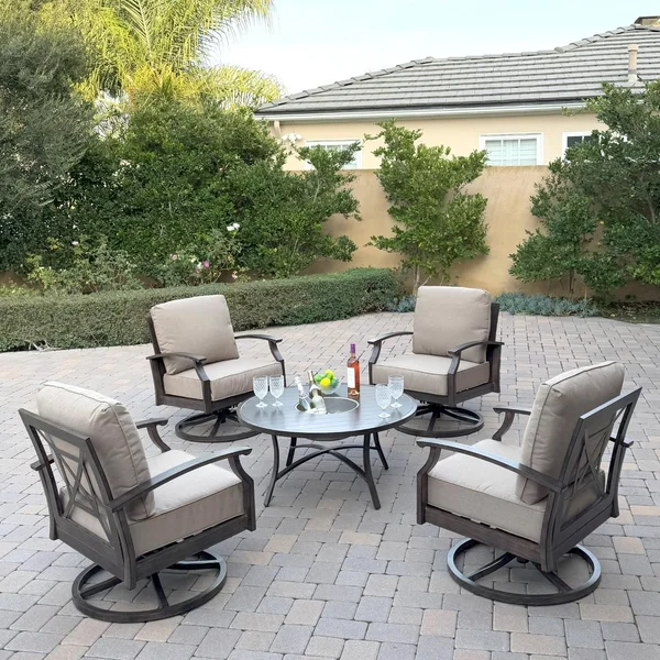 Atlantis 5 Pc Aluminum Seating Set w/ 4 Swivel Rocker Club Chairs & Ice Bucket in Walnut/Beige by Darlee