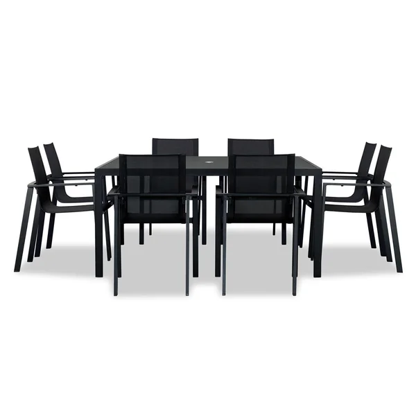 Spring Bay 9 Pc Aluminum Dining Set - Square w/ Glass Top in Black/Black by Lakeview Outdoor Designs