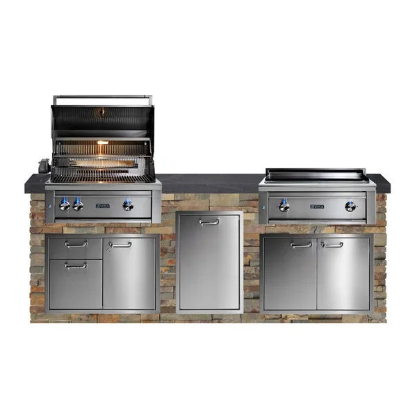 BBQGuys Signature 8ft Luxury Outdoor Kitchen w/ Lynx Professional 30-Inch Natural Gas Grill & 30-Inch Asado - Gold Rush Stone w/ Black Polished Granite