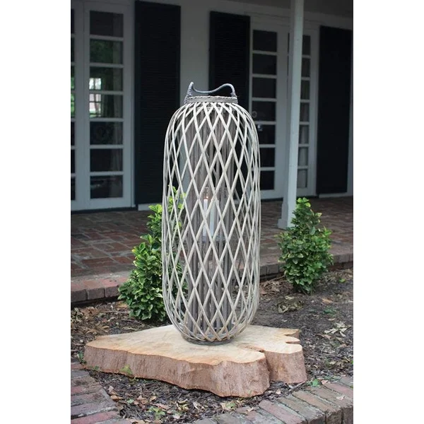 31" Tall Grey Willow Lantern with Glass - Large