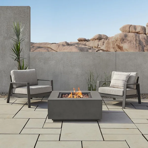 Elysian 3 Pc Powder Coated Steel Seating Set w/ 36 Inch Square Fire Pit in Weathered Slate by Lakeview Outdoor Designs