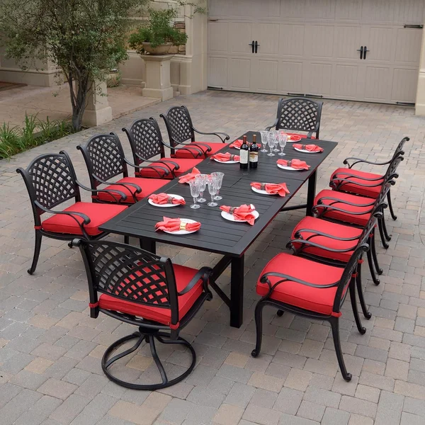 Nassau 11 Pc Cast Aluminum Dining Set w/ Rocker in Antique Bronze w/ Red Cushions By Darlee