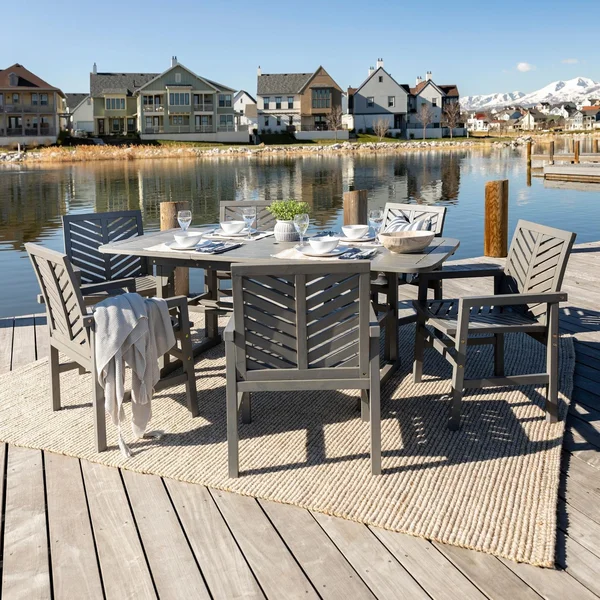 Ultimate Patio Wishlake 7 Piece Acacia Patio Dining Set W/ 55-79 X 35 Inch Extension Rectangular Table - Gray Wash