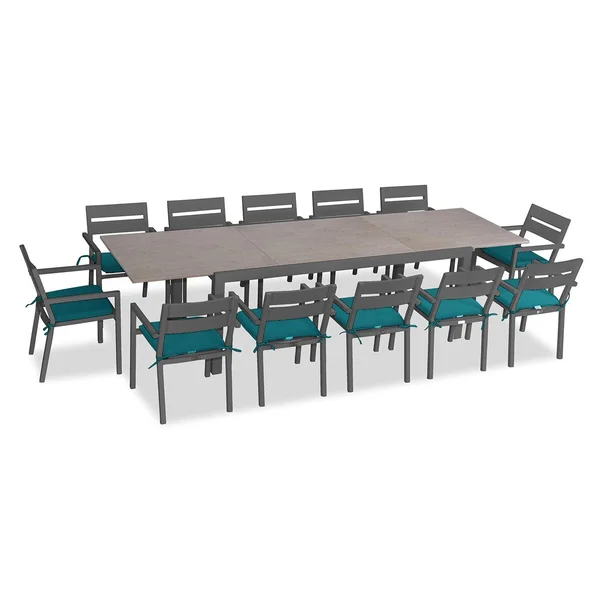 Calm Bay 13 Pc Extendable Aluminum Dining Set in Slate/Barnwood/Spectrum Peacock by Lakeview Outdoor Designs