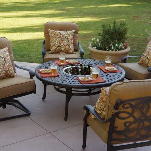 Santa Monica 5 Pc Cast Aluminum Seating Set w/ 52 Inch Series 80 Table w/ Ice Bucket Insert & 2 Swivel Rockers in Antique Bronze/Sesame by Darlee