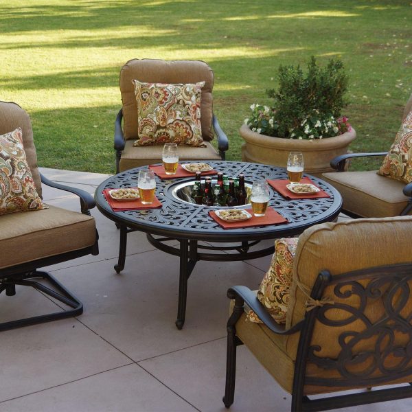 Santa Monica 5 Pc Cast Aluminum Seating Set w/ 52 Inch Series 80 Table w/ Ice Bucket Insert & 2 Swivel Rockers in Antique Bronze/Sesame by Darlee