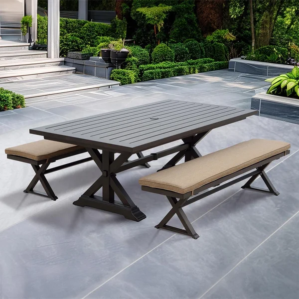 Brooklyn 3 Pc Aluminum Dining Set w/ 86 X 44 Inch Table & Benches in Multi Brown/Sesame by Darlee